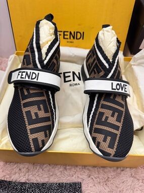 Fendi Black, Brown & White FF Logo Slip-On Sneakers with 'FENDI' & 'LOVE' Straps